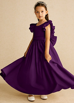 Azazie Piglette Flower Girl Dresses Grape A-Line Bow Matte Satin Dress image2