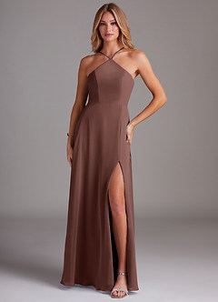 Azazie Bailey Bridesmaid Dresses Espresso A-Line Halter Side Slit Chiffon Dress image1