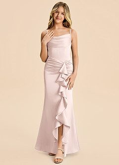Azazie Rosalia Junior Vestido de Rosa Rubor de Satén Elástico de Corte Recto con Plisado image5