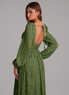 Azazie Norah Final Sale Olive A-Line Long Sleeve Floral Burnout Dress image2