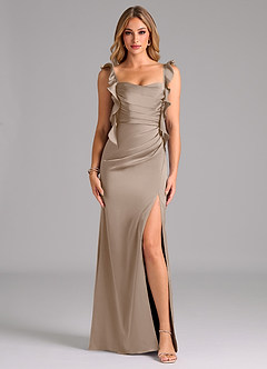 Azazie Jessamine Bridesmaid Dresses Taupe Sheath Corset Stretch Satin Dress image3