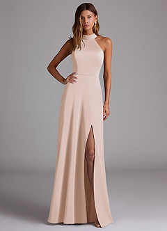 Azazie Myra Bridesmaid Dresses Blushing Pink A-Line Side Slit Stretch Satin Dress image1