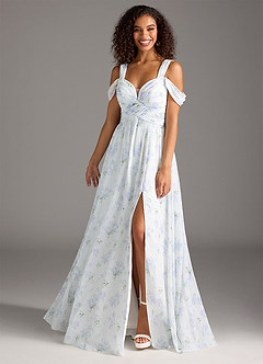 Azazie Lianne Bridesmaid Dresses Blue Vintage Floral A-Line Off the Shoulder Chiffon Dress image2