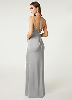 Azazie Desi Bridesmaid Dresses Silver Sheath Halter Corset Stretch Satin Dress image5