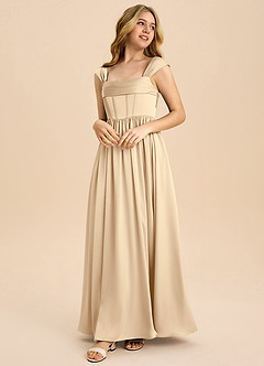 Azazie Hattie Junior Abito A-Line in Raso Elasticizzato Plissettato Champagne image1