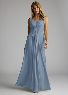 Azazie Gina Vestidos de damas de honor Vestido de Azul Polvoriento de Gasa de Corte en A con Cuello en V Plisado image1