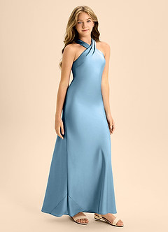 Azazie Doretta Junior Vestido de Azul Acero de Satén Elástico de Corte En A con Plisado image6