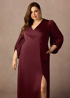 Azazie Luna Mother of the Bride Dresses Cabernet A-Line Pleated Stretch Satin Dress image10