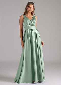 Azazie Kora Robes de demoiselle d'honneur Robe Trapèze en Satin extensible Plissée Agave image1