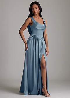 Azazie Novi Bridesmaid Dresses Dusty Blue A-Line with Pockets Stretch Satin Dress image5