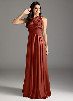 Azazie Charlize Robes de demoiselle d'honneur Robe Trapèze en Satin extensible Ue épaule Terracotta image9