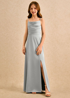 Azazie Chamomile Girls Formal Robe Demoiselle D'honneur Fillette Robe Trapèze en Satin extensible Plissée Argent image4