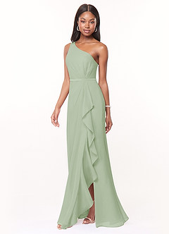 Azazie Liza Vestidos de damas de honor Vestido de Salvia Polvorienta de Gasa de Corte Sirena con Hombro unilateral image1