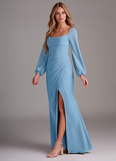 Azazie Charissa Abiti da Damigella Abito Tubino in Chiffon Maniche Lunghe Blu Acciaio image4