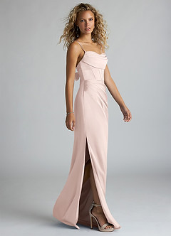 Azazie Mai Bridesmaid Dresses Blushing Pink Sheath Pleated Stretch Satin Dress image4