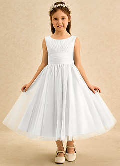 Azazie Macaron Jurken voor bloemenmeisjes A-Lijn Jurk van Tule Geplooid Wit image3