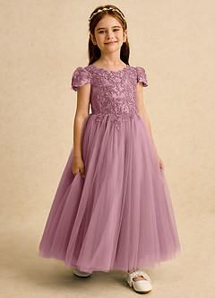 Azazie Puff Flower Girl Dresses Vintage Mauve Ball-Gown Lace Tulle Dress image6