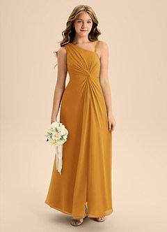 Azazie Brooke Junior Abito A-Line in Chiffon Spacco Laterale Caramello image3