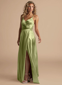 Azazie Davis Bridesmaid Dresses Pistachio A-Line Pleated Metallic Satin Dress image5