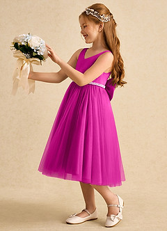 Azazie Firefly Abiti da Ragazza di Fiori Abito A-Line in Raso Opaco Fiocco Fucsia image1