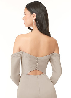 Azazie Hallie Bridesmaid Dresses Frost Sheath Off-The-Shoulder Long Sleeve Stretch Satin Convertible Dress image6