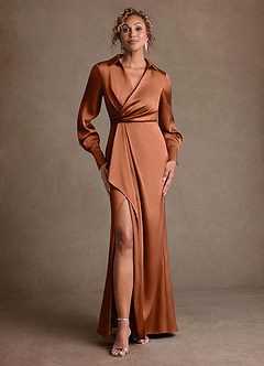 Azazie Jacinta vestidos de madre de la novia Vestido de Cobre de Satén Elástico de Corte Recto con Plisado image1