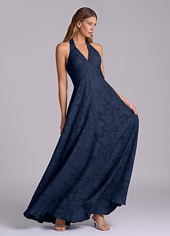 Azazie Tessie Brudtärnklänningar Klä av A-Linje i Blommig Utbrändhet Plisserad Mörk Marinblå image5