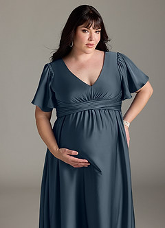 Azazie Verna Maternity Bridesmaid Dresses A-Line Ruched Stretch Satin Floor-Length Dress image15