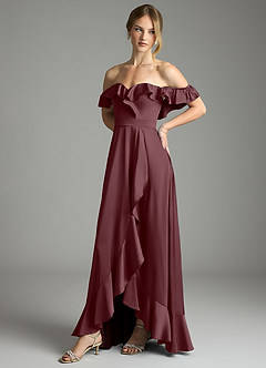 Azazie Lyra Bridesmaid Dresses Sangria A-Line Off the Shoulder Stretch Satin Convertible Dress image7
