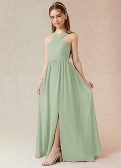 Azazie Jiya Junior A-Linie Plissee Chiffon Kleid Staubiger Salbeigrün image1
