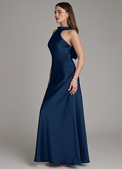Azazie Dimitra Bridesmaid Dresses Dark Navy A-Line Pleated Stretch Satin Dress image5