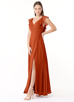 Azazie Yoko Vestidos de damas de honor Vestido de Naranja Quemada de Gasa de Corte en A con Volante image3