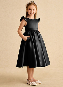 Azazie Dumpling Flower Girl Dresses Black A-Line Bow Matte Satin Dress image3