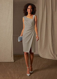 Azazie Cecily At-home Try On Dresses Taupe Sheath Stretch Crepe Dress image1