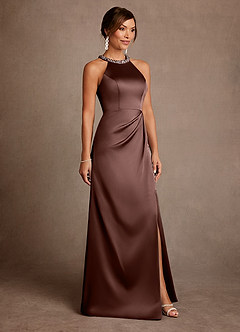 Azazie Lawrence Mother of the Bride Dresses Espresso A-Line Pleated Stretch Satin Dress image4