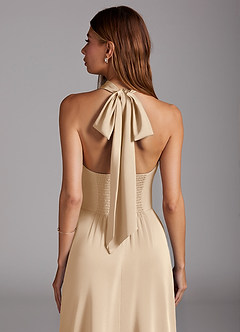 Azazie Myra Bridesmaid Dresses Champagne A-Line Side Slit Stretch Satin Dress image2