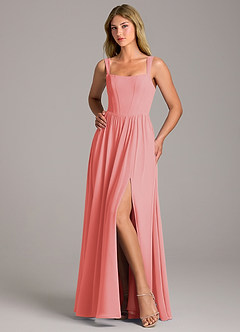 Azazie Rosaline Bridesmaid Dresses Coral A-Line Side Slit Chiffon Dress image5