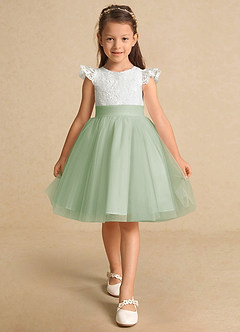 Azazie Vetty Flower Girl Dresses Ivory Dusty Sage A-Line Lace Tulle Dress image6