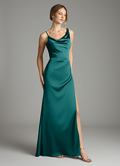 Azazie Samara Abiti da Damigella Abito Sirena in Raso Elasticizzato Plissettato Verde Pavone image4