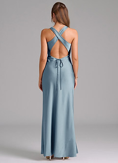 Azazie Evadne Robes de demoiselle d'honneur Robe Trapèze en Satin extensible Plissée Bleu Poussiéreux image2