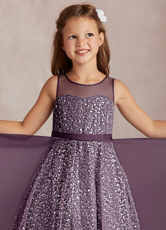 Azazie Siwa Flower Girl Dresses Plum A-Line Beaded Tulle Dress image1