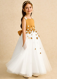 Azazie Eleni Blumenmädchenkleider Ballkleid Schleifen Tüll Kleid Elfenbein Butterscotch image5