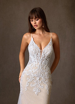 Azazie Selene Final Sale Diamond White Champagne Mermaid V-Neck Lace Dress image4