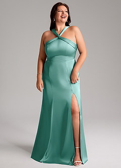 Azazie Rue Bridesmaid Dresses Aqua A-Line Pleated Stretch Satin Dress image11