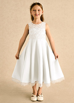 Azazie Amari Flower Girl Dresses Ivory A-Line Lace Matte Satin Dress image4