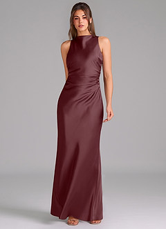 Azazie Evadne Bridesmaid Dresses Sangria A-Line Pleated Stretch Satin Dress image3