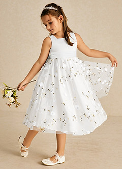 Azazie Pollie vestidos de niña de las flores Vestido de Diamante Blanco de Tul de Corte En A con Lazo image1