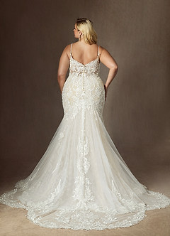 Azazie Camlynn Wedding Dresses Diamond White Champagne Mermaid V-Neck Sequins Tulle Dress image9