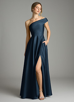 Azazie Melanie Robes de demoiselle d'honneur Robe Trapèze en Satin extensible Épaules dénudées Bleu Marine Foncé image1