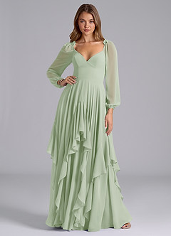 Azazie Karan Bridesmaid Dresses Dusty Sage A-Line Long Sleeve Chiffon Dress image3